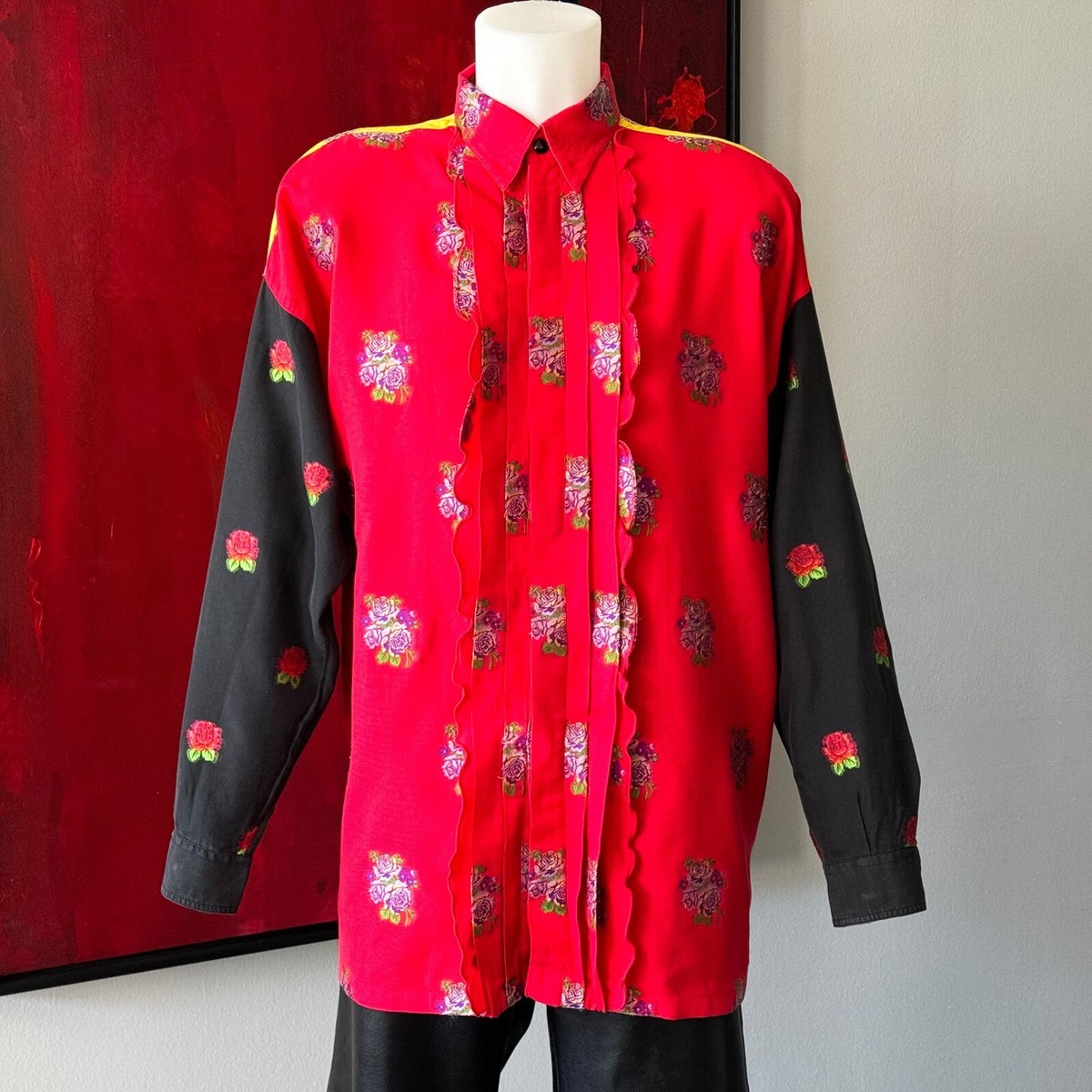GIANNI VERSACE cotton shirt Ruffles & Embroidered Flowers size 52