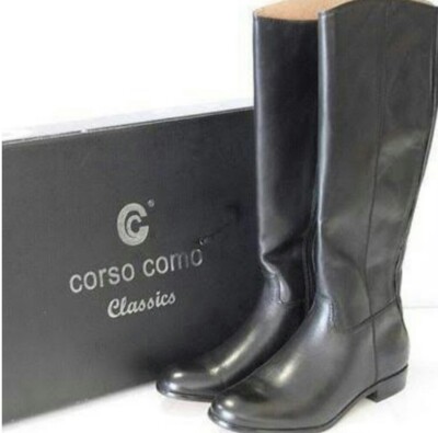 Corso Como Stony LEATHER Boots Black Knee Zipper Elastic Burnish Calf $250 Sz 6