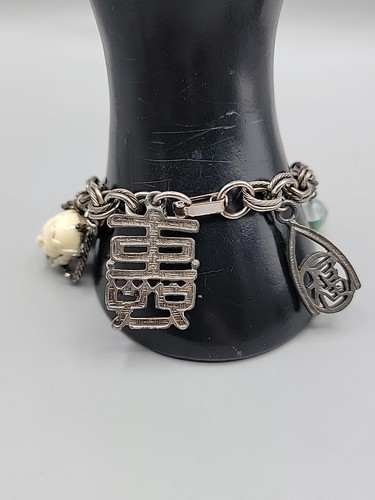 Selina Signed Asian Princess Bracelet 7" Silver Tone Vintage Dangling Glass Bead - Picture 6 of 14