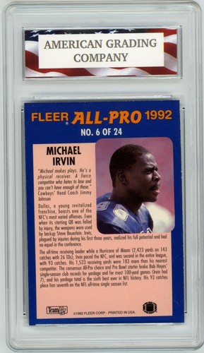 1992 Fleer All-Pro #6 Michael Irvin AGC 10 Gem Mint Dallas Cowboys Rare - Picture 2 of 2