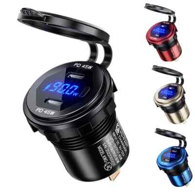 12V Dual 45W USB Type C PD Fast Car Charger Voltage Display For Motorcycle Boats