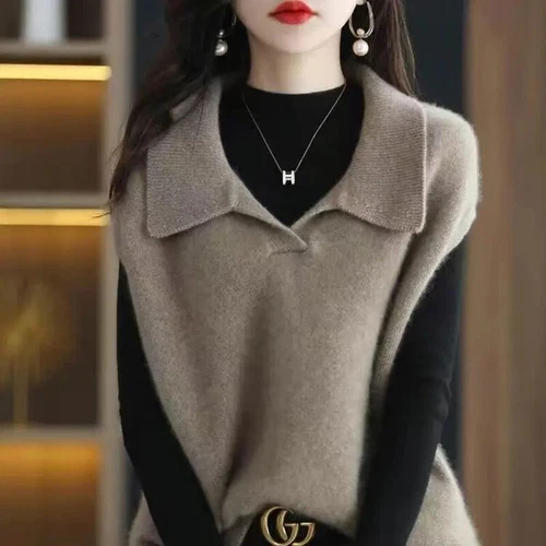 Stylish Turn-down Sweater Vest Casual Sleeveless Autumn Winter Female Clothing - Picture 2 of 27