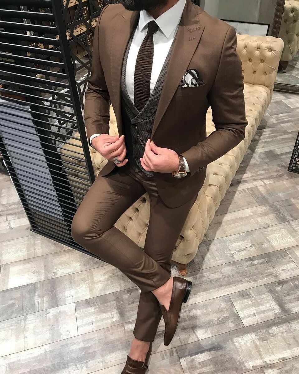 Brown Men's Suit Slim Fit Formal Business Groom Tuxedo Wedding Party  Prom Custom