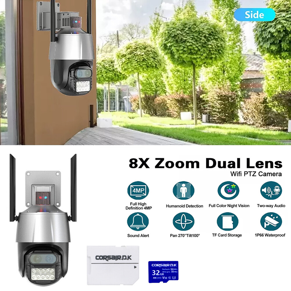 Dual Lens 4K WiFi Security Camera 8X Zoom Outdoor Home Night Vision PTZ Cam +32G