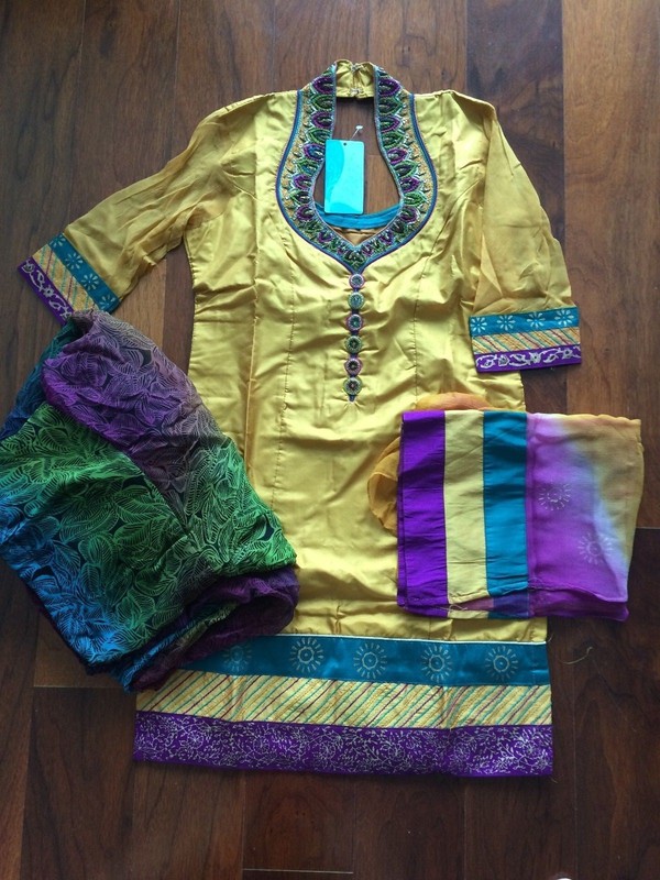 NWT Designer Yellow Salwar Kameez indian dress Patiala Print Pants - Sari, Choli