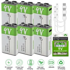 2/4/6 Pack 9 Volt Lithium Ion Rechargeable Batteries 1600mAh w/ USB-C Type Cable