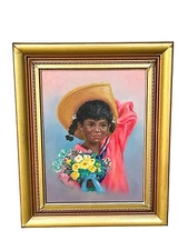Vintage Portrait Painting Realism Girl Holding Flower Bouquet Gold Framed Signed