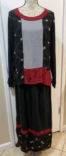 AIMEE D 2pc Pullover Blouse Skirt Set Black Red Art-to-Wear Asian Chinese L