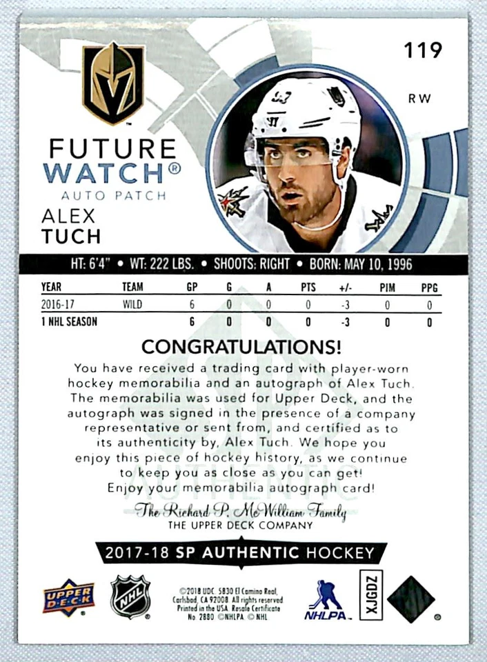 Alex Tuch 2017-18 SP Authentic Future Watch Rookie Auto Patch /100 #119 *RG* - Image 2 of 2