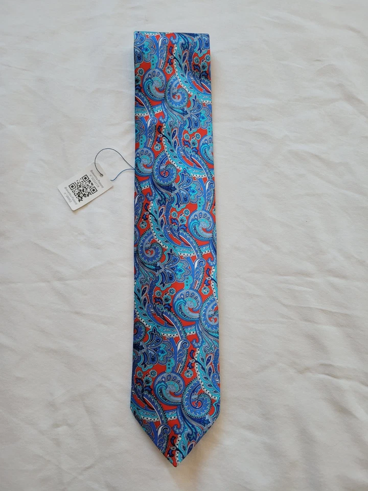 Corbata de cachemira floral azul y rojo satinado seda nueva con etiquetas Italo Ferretti para hombre Foto 2 de 4