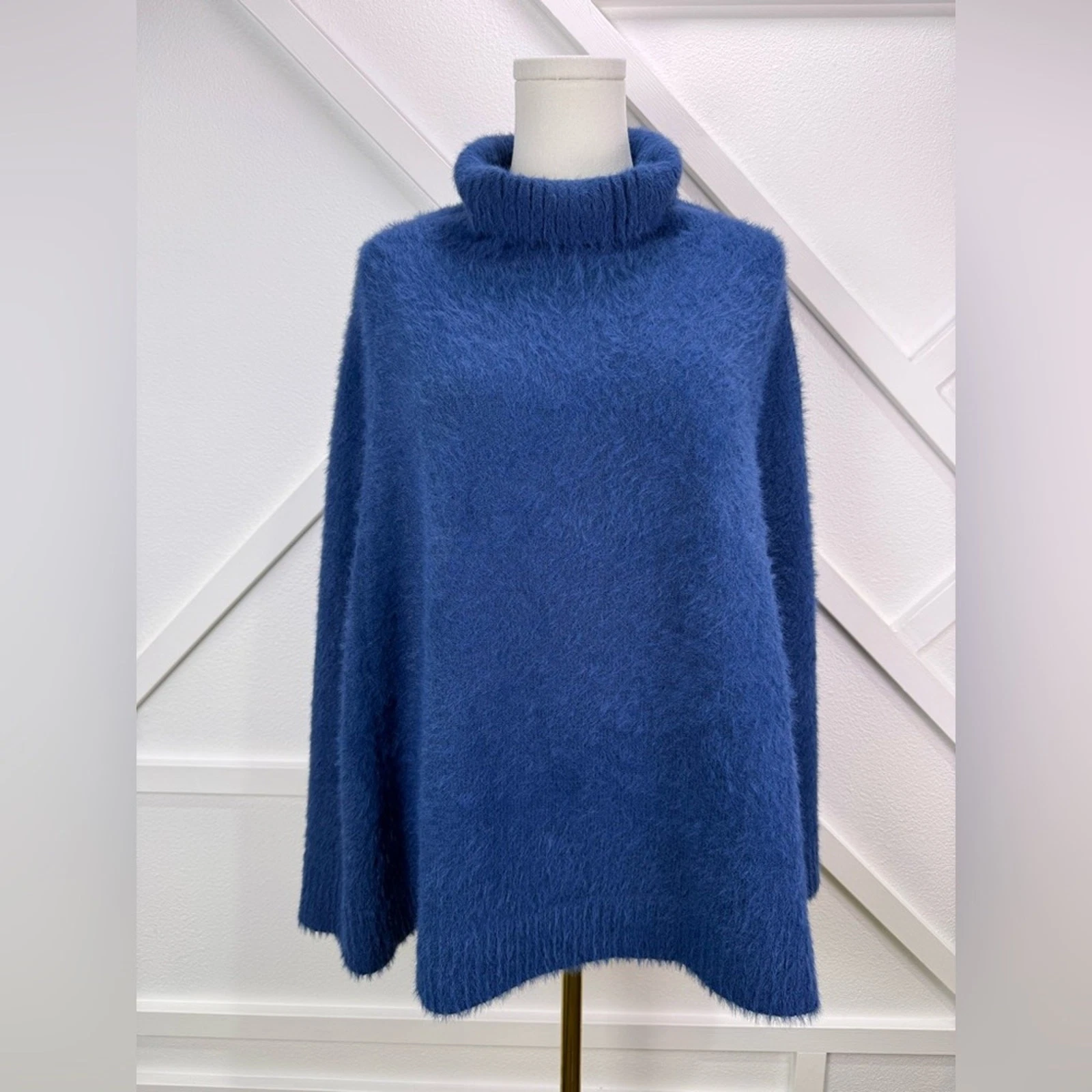 Mersea Chalet Poncho Sweater Blue One Size Fuzzy Cowl Turtleneck