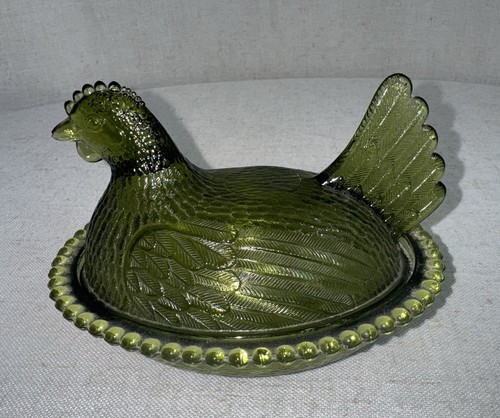 Vintage Indiana Glass Hen on Nest Olive Green Stippled Base MCM Covered Dish HON