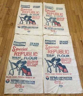 4 Vintage Republic Wheat Flour Sacks Farmer Graphic Red Blue Feed Sack Fabric