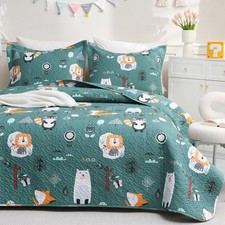 Jsd Green Forest Animal Kids Quilt Set Twin Size 2 Piece Printed Bedspread
