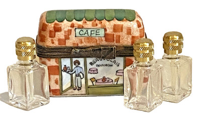 LIMOGES PEINT MAIN Hinged Trinket Box WINE CAFE Store Front w/3-Perfume Bottles