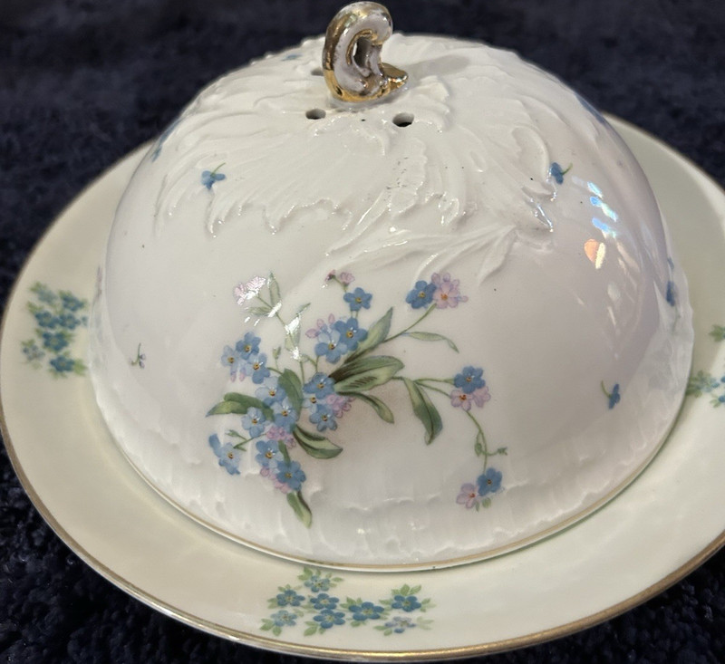 Vintage Blue floral pancake warmer lid with Hutschenreuther Elite Bavaria plate