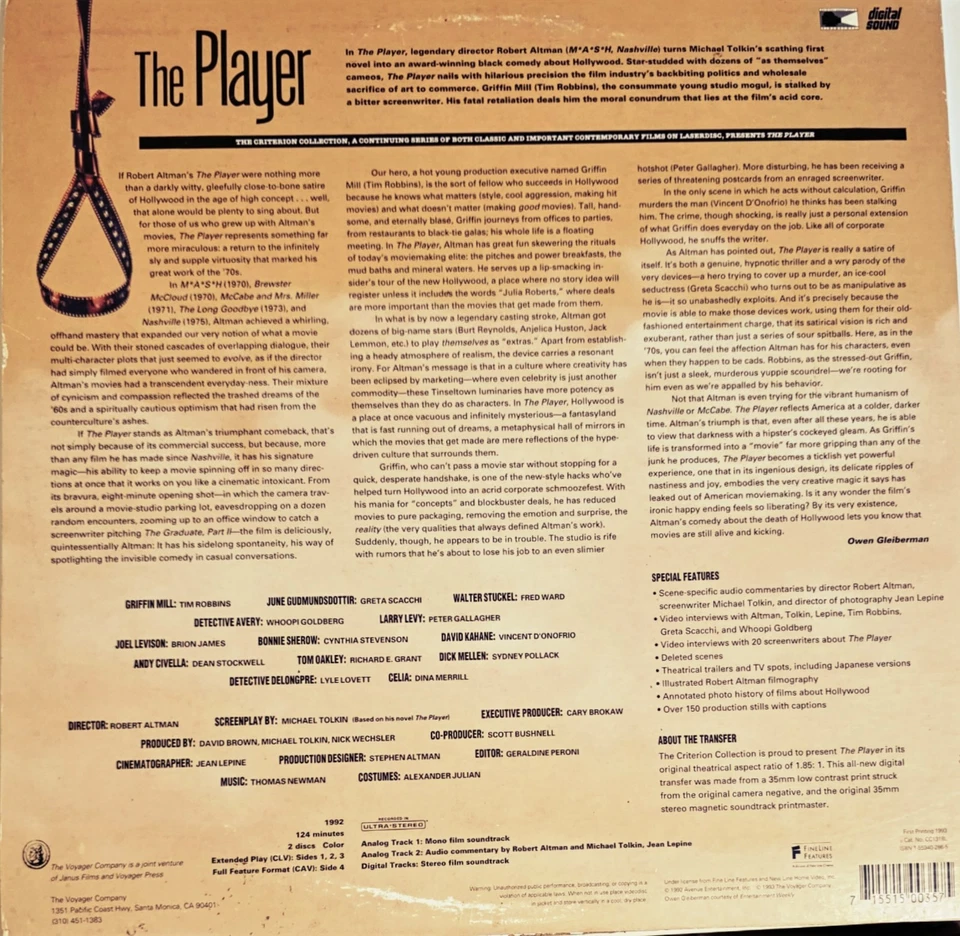 The Player (Tim Robbins) Criterion Collection (2 Laserdiscs), 1992 Fine Line   - Image 3 of 4