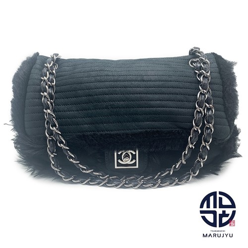 CHANEL Coco Mark Black Fur Classic Single Flap Double Chain Shoulder Bag 287919