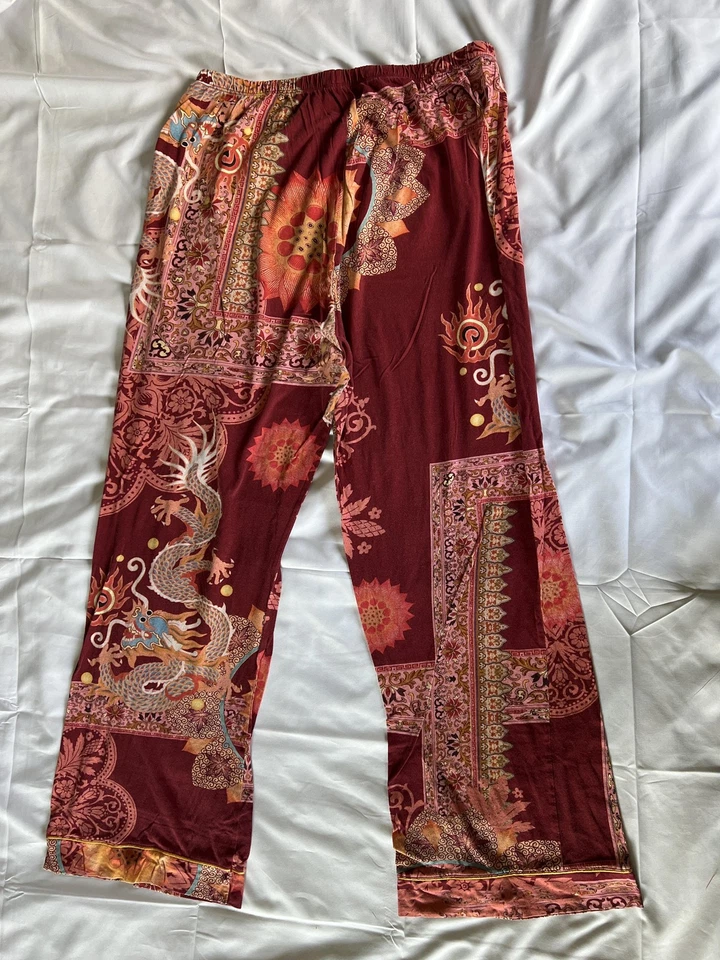Pantalones Johnny Was Mujer XL Borgoña Estampado Dragón Salón Cintura Elástica Pima Boho Foto 2 de 4
