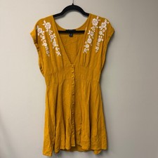 Boho Cottagecore Mustard Yellow Floral Honeycore Embroidered Summer Dress Size M