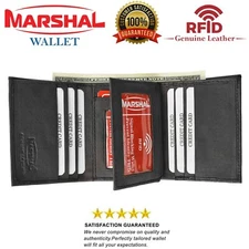 Black RFID Blocking Men's Leather Classic Trifold Wallet with BOX