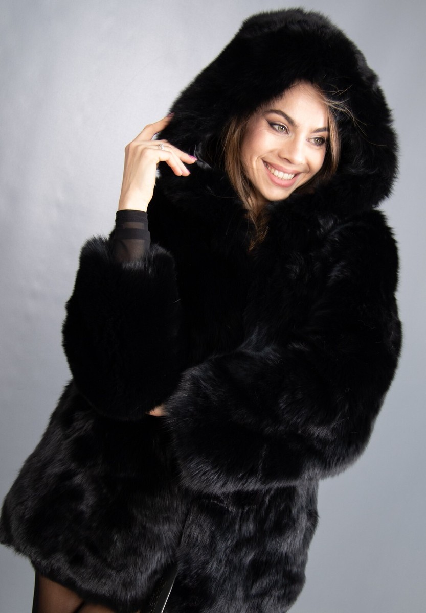 14311 NEW GORGEOUS BLACK REAL BLUE FOX COAT FUR JACKET HOOD