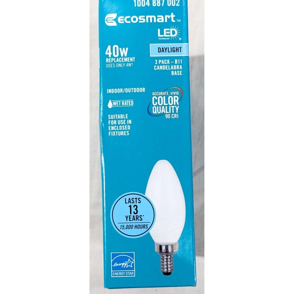 NEW EcoSmart 3-Pk 40W B11 Frosted LED Bulb Candelabra Dimmable Daylight 5000K - Image 2 of 4