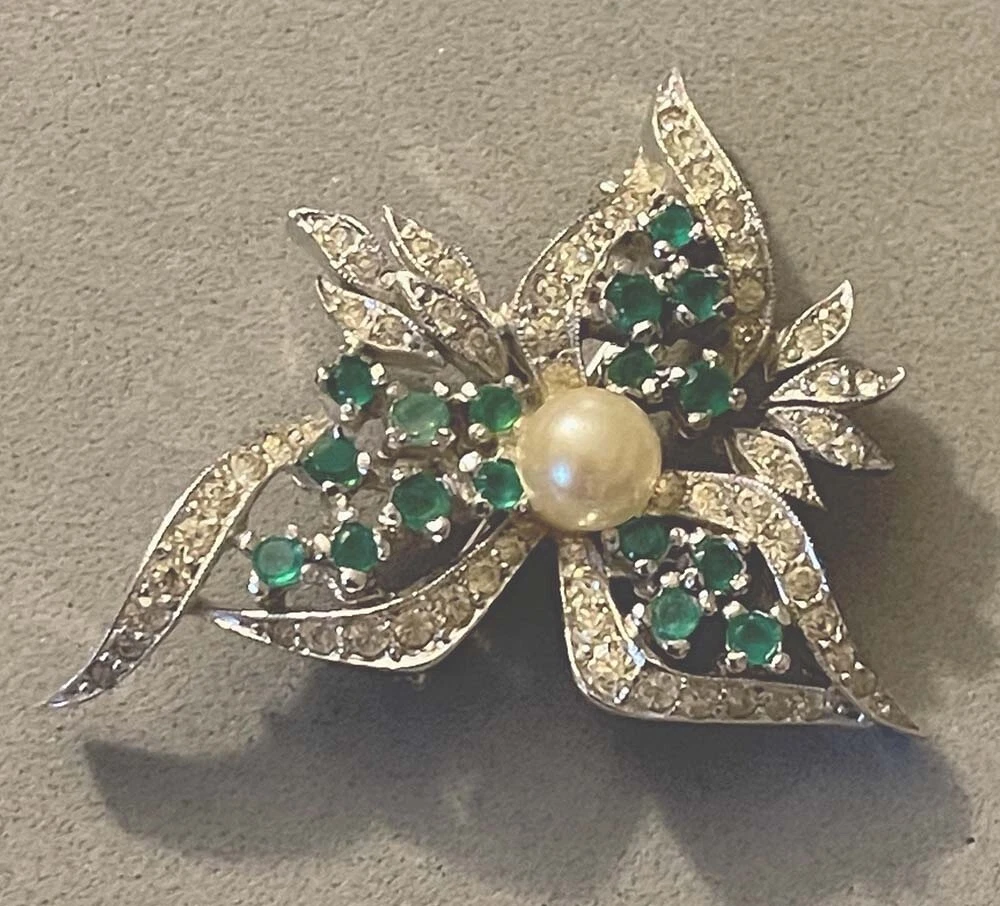 Vintage PANETTA Floral Rhinestone Emerald Faux Pearl Rhodium