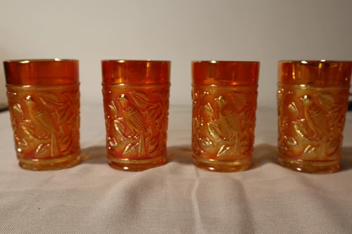 Northwood Marigold Carnival Glass Tumbler Set of Four (4) Singing Birds Pattern