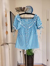 Trachtenbluse Bluse Damen kurzarm weiß türkis blau kariert 42 M-L NEU