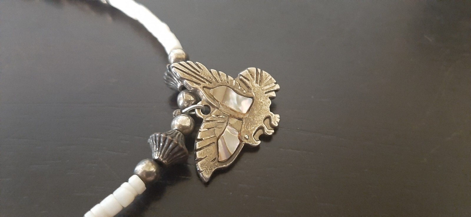 Vintage Native American Beads & Shell Eagle Inlay Necklace, Silver Tone