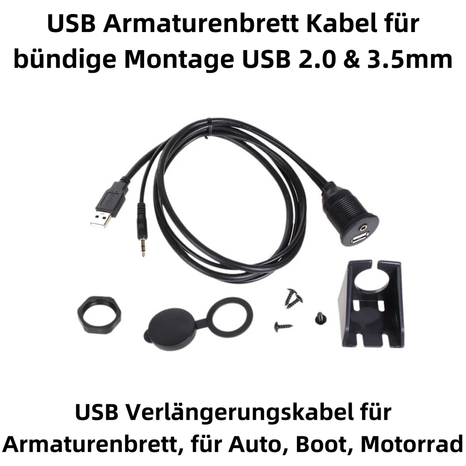 Q74C USB Car Dashboard USB 2.0+3.5mm Aux Extension Cable Bündige Mounting 1m - Image 2 of 4