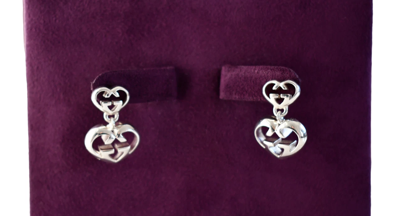Boucles d'oreilles GUCCI BRITT DOUBLE CŒUR ARGENT STERLING 925 imbriquées G GOUTTE