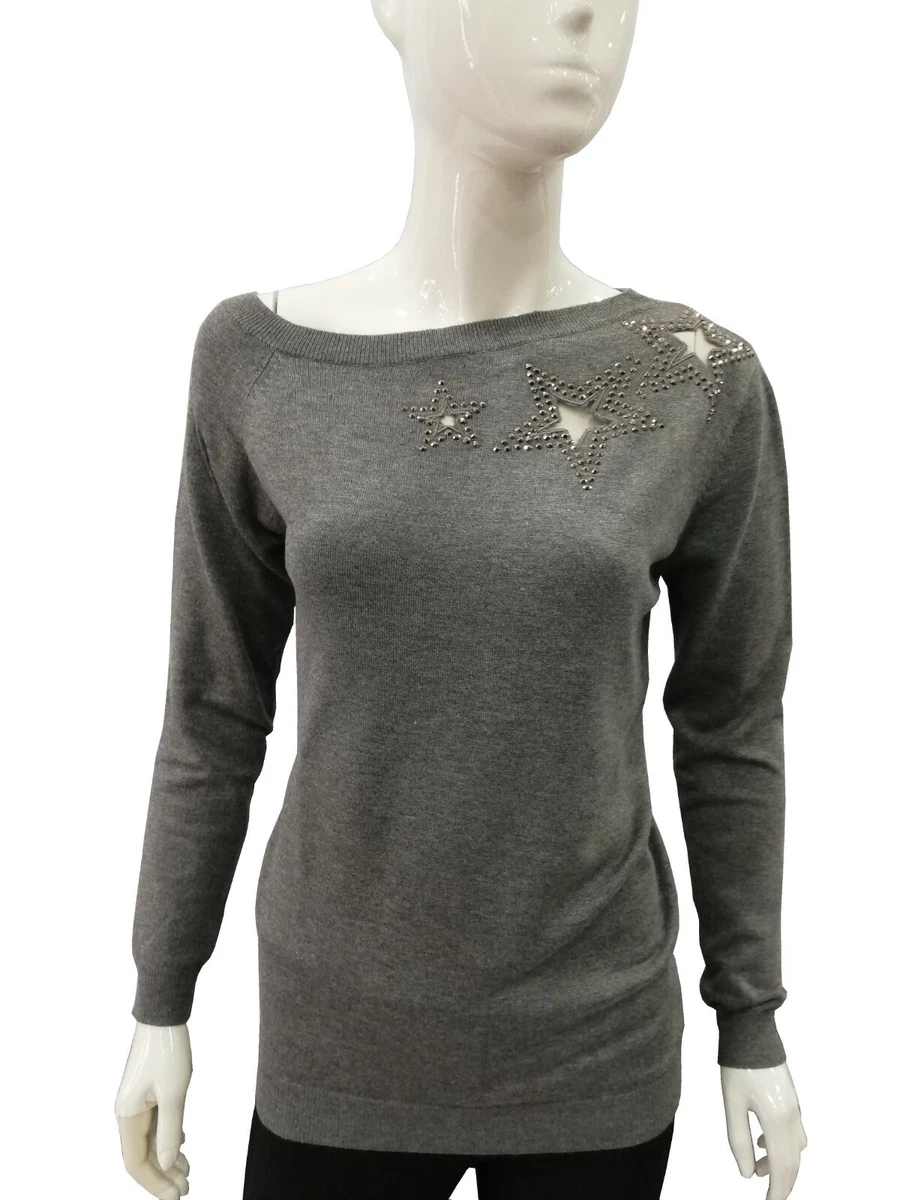 Women s CLEAR DALBA Jersey Asymmetrical Neck Sweater Grey Long Sleeve