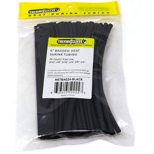 ThermoSleeve 24pc 6" Black 1/2" to 3/32" 21 Ratio Polyolefin Heat
