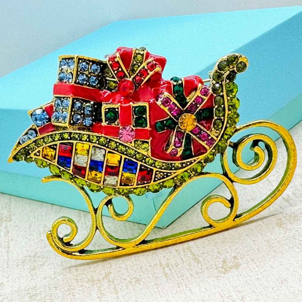 Large Santa Sleigh Brooch Rhinestone Santa Sleigh Pin Christmas Brooch Holiday
