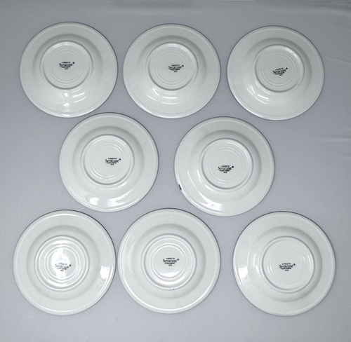 VINTAGE SET OF 8 SYRACUSE CHINA 6.5" PLATES WHITE WITH COBALT BLUE BANDS - Picture 3 of 5