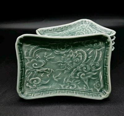 5 Vtg Japan Arita Ware Nabeshima Celadon Dragon Clouds Rectangular Plates 6¾x4¾''