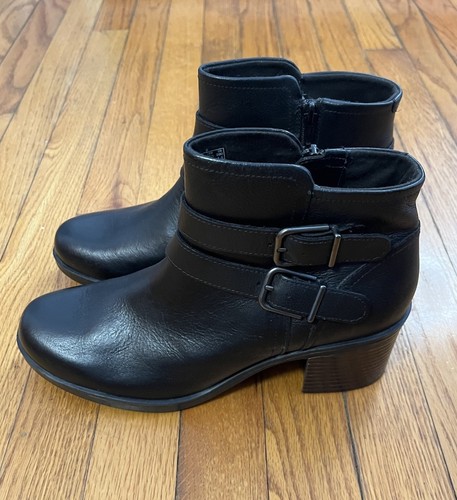 Collection by Clarks Boots Womens 10 Black Leather Heel Buckle Side Zip - Picture 1 of 10