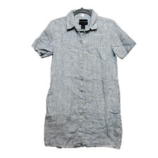 Tahari Shirt Dress Womens XS Blue White Short Sleeve Button Up Linen Stripe