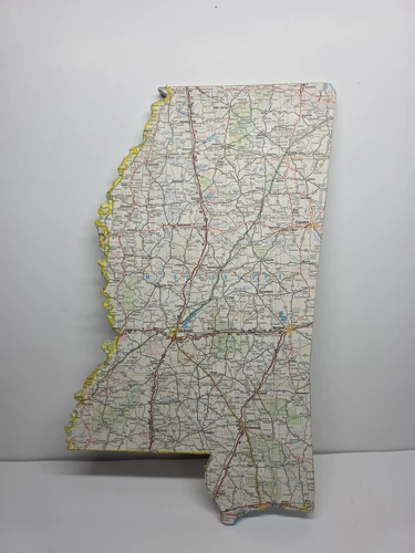 Vintage 1973 Shell Station Wooden Mississippi State Wall Map Poster Hanging 15x9