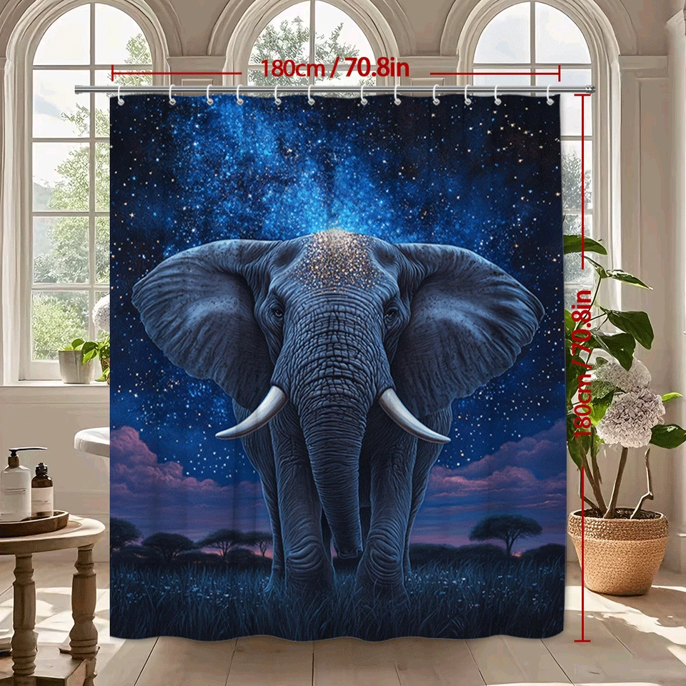 Elefante Cortina de Ducha Noche Estrellada Safari Animal Vida Silvestre Baño Decoración Azul Foto 2 de 4