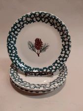 Set 4 TIENSHAN Folk Craft Pine Cone Salad Plates 7.5" Sponge Ware Pottery Cabin