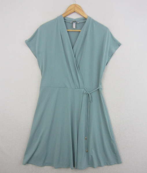 H&M Dress Womens L Blue Wrap V-Neck Cap Sleeve Occasion Midi Stretch Casual Work