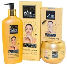 Gluta White Lotion 250ml Age Defying Cream & Exfoliating Soap Set free shipping