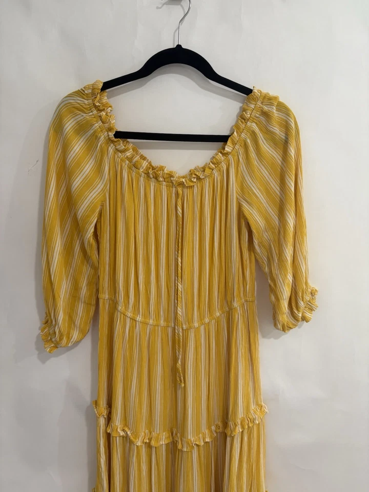 Vestido Lauren Conard Talla L Blanco/Amarillo Rayas 3/4 Volantes De Hombros Vestido Foto 2 de 4
