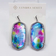 New Kendra Scott Danielle Silver Statement Earrings In Teal Tie Dye Illusion