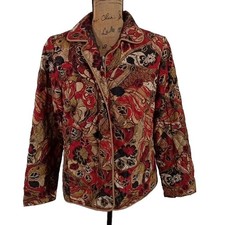 Requirements Jacket MED Red Tan Black Paisley Quilted Floral Zip Lined Button