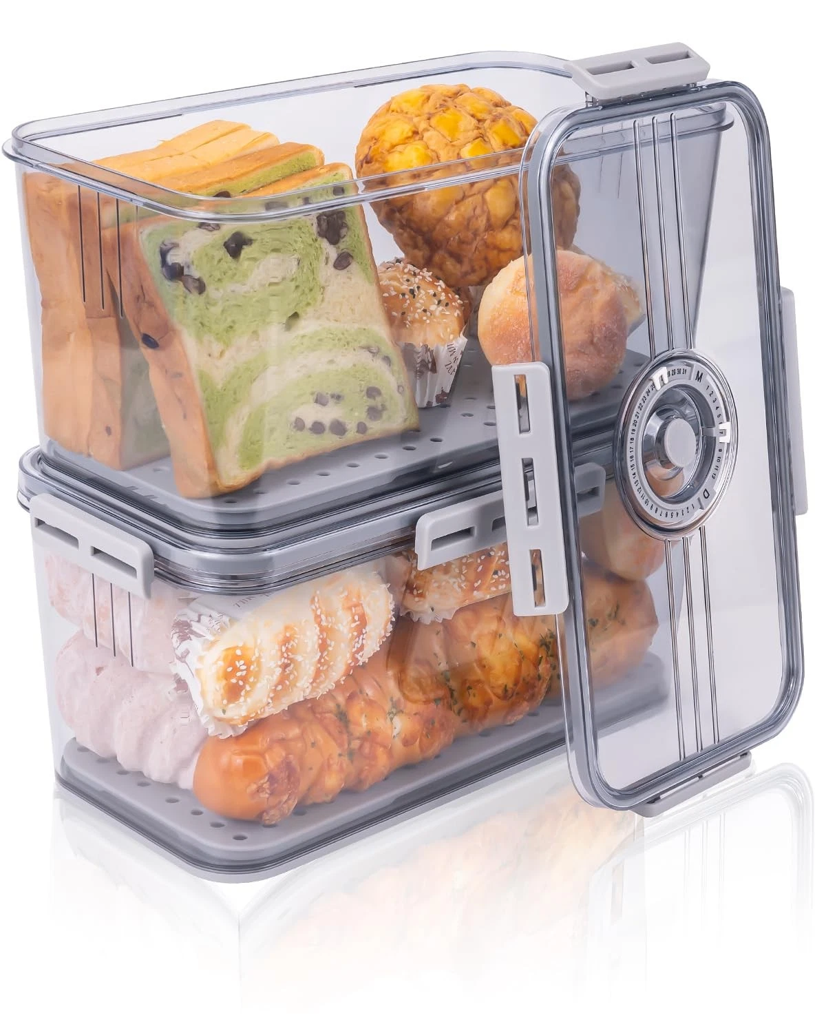 Bread Box 2 Pack Bread Storage Container Airtight Recording Time Bread Box fo...