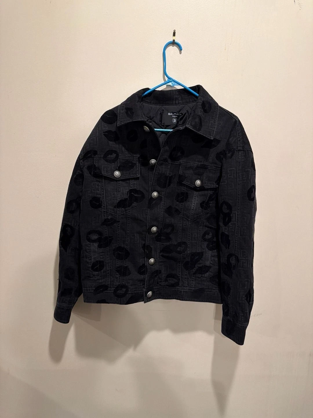 Balmain — Balmain Monogram & Flock Kiss Denim Jacket Size 46